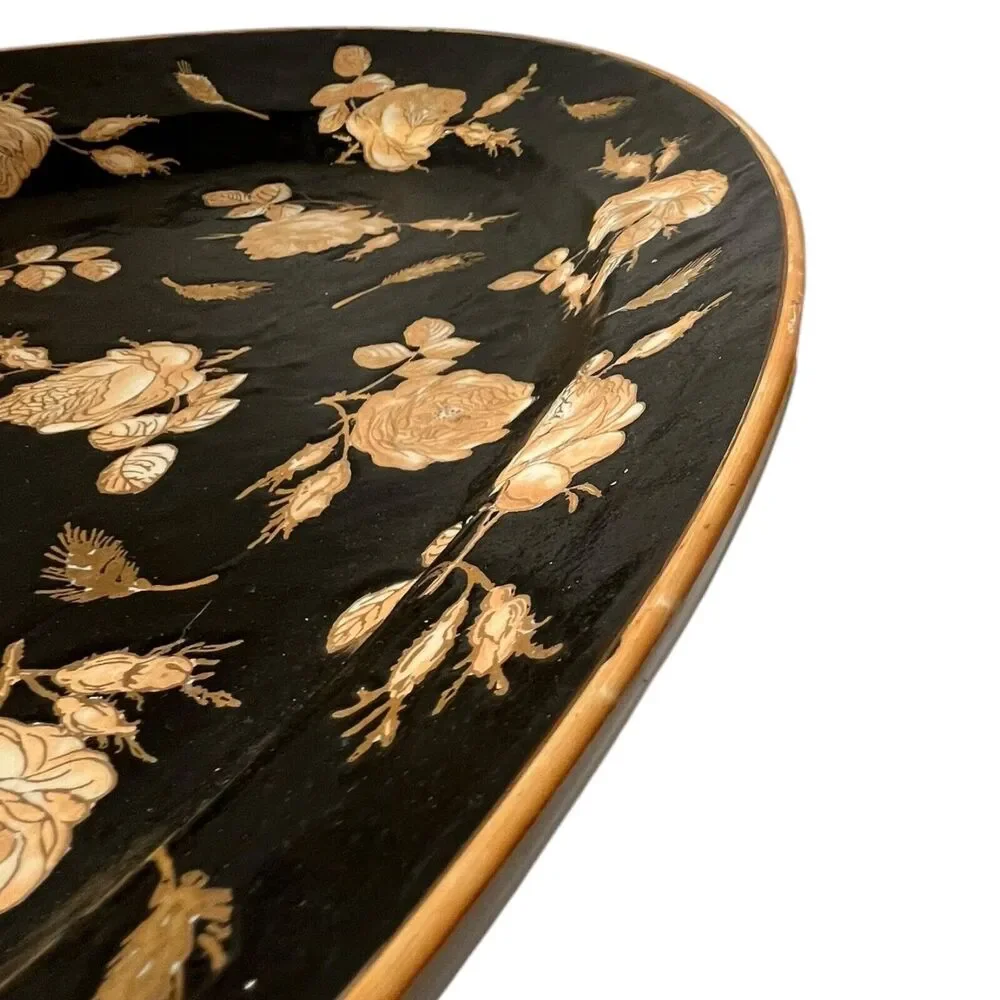 VTG Chinoiserie Polychrome Black‎ Gold Gilt Rose Floral Porcelain Platter Large